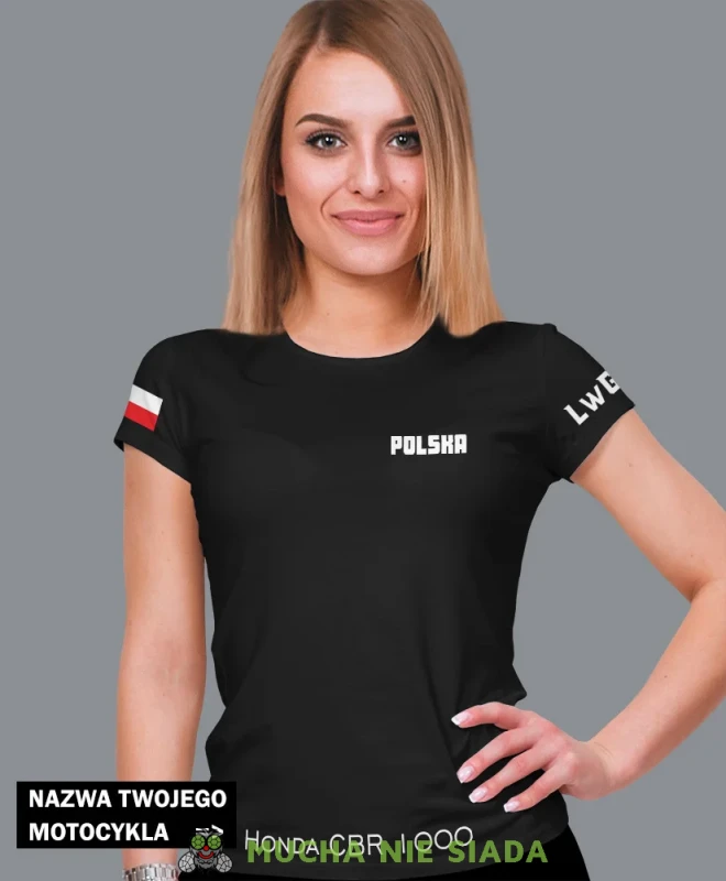 Polska flaga LwG nazwa motocykla, czarna damska koszulka, koszulka motocyklowa, koszulka dla motocyklistki, damska koszulka na motocykl, koszulka dla miłośniczki motocykli, motocykl, mucha nie siada sklep, opis.webp
