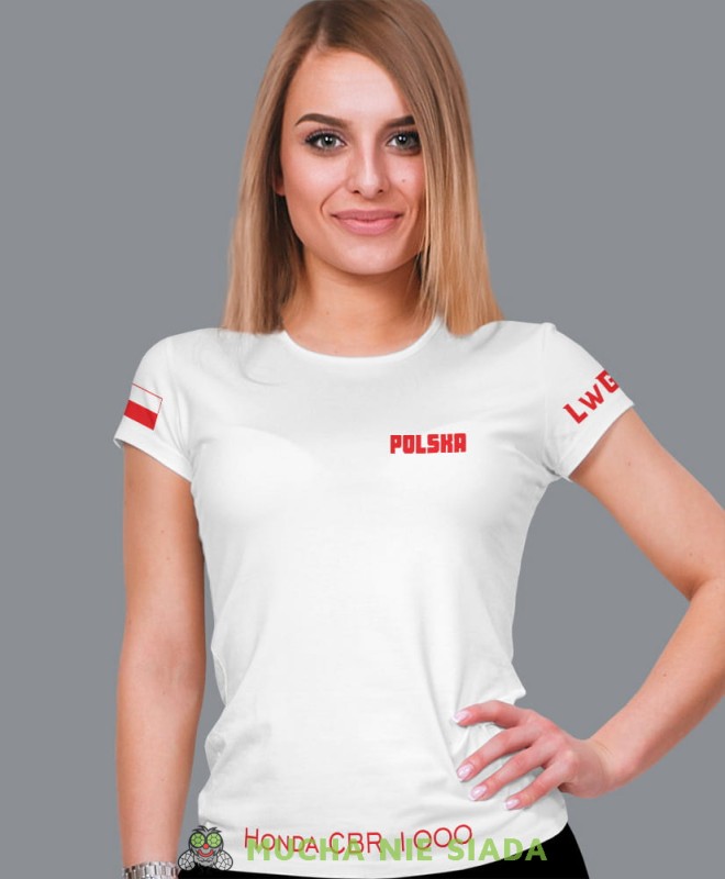 Polska flaga LwG nazwa motocykla, biała damska koszulka, koszulka motocyklowa, koszulka dla motocyklistki, damska koszulka na motocykl, koszulka dla miłośniczki motocykli, motocykl, mucha nie siada sklep.jpg