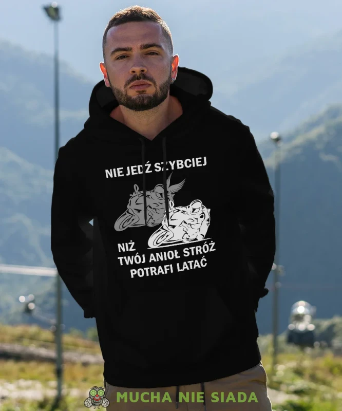 Nie jedź szybciej niż Twój anioł stróż potrafi latać Motocykl, czarna bluza z kapturem, bluza dla motocyklisty, bluzy na motocykl, bluza z kapturem na motocykl, męska bluza na motocykl, na prezent dla miłośnika motocykli.webp