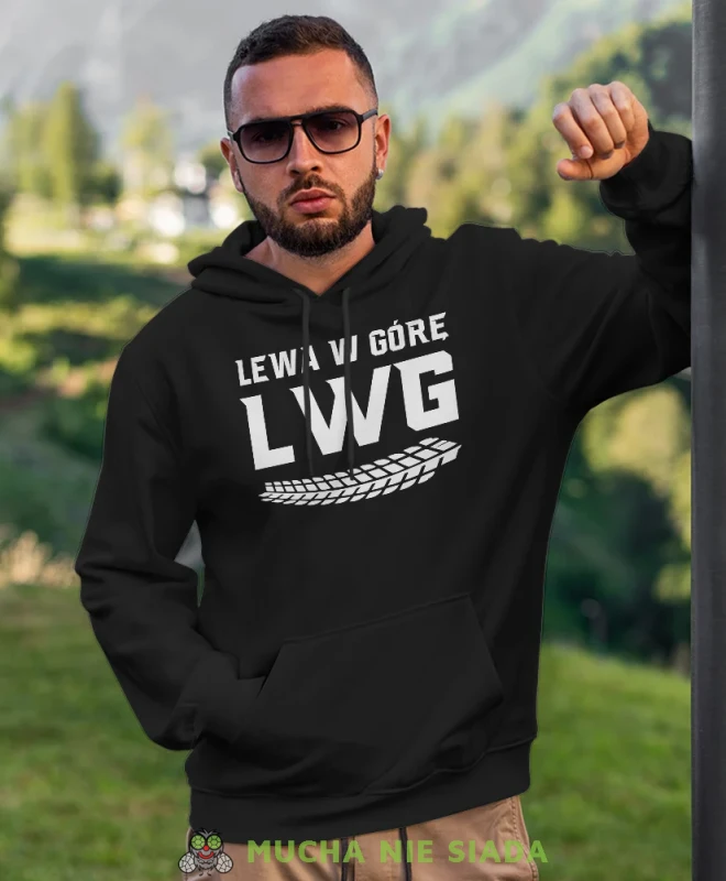 LWG lewa w górę - ślad opony, czarna bluza z kapturem, bluza dla motocyklisty, bluzy na motocykl, bluza z kapturem na motocykl, męska bluza na motocykl, na prezent dla miłośnika motocykli.webp