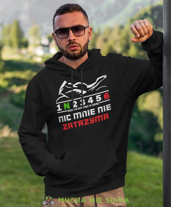 Jeden w dół pięć wgórę Nic mnie nie zatrzyma, czarna bluza z kapturem, bluza dla motocyklisty, bluzy na motocykl, bluza z kapturem na motocykl, męska bluza na motocykl, na prezent dla miłośnika motocykli.webp