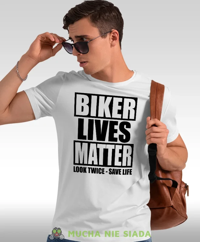 Biker lives matter look twice save life, biała męska koszulka, koszulka dla motocyklisty, koszulki na motocykl, koszulka na motocykl, męska koszulka na motocykl na prezent dla miłośnika motocykli.webp