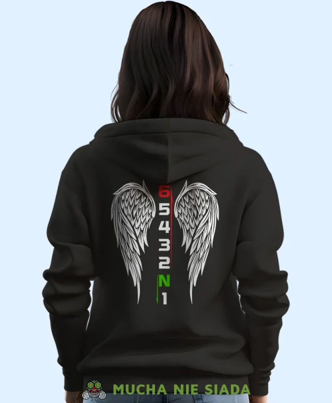 Jeden w dół pięć w górę skrzydła anioła, czarna damska bluza z kapturem, bluza dla motocyklistki, bluzy na motocykl, bluza z kapturem na motocykl, damska bluza na motocykl, na prezent dla miłośniczki motocykli.webp