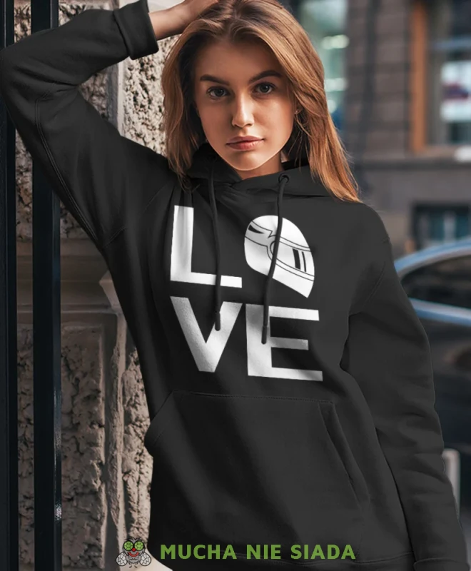 Love kask, czarna damska bluza z kapturem, bluza dla motocyklistki, bluzy na motocykl, bluza z kapturem na motocykl, damska bluza na motocykl, na prezent dla miłośniczki motocykli.webp