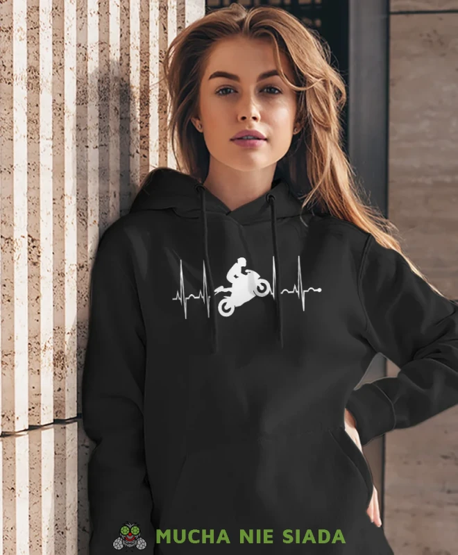 Biker heartbeat, czarna damska bluza z kapturem, bluza dla motocyklistki, bluzy na motocykl, bluza z kapturem na motocykl, damska bluza na motocykl, na prezent dla miłośniczki motocykli.webp