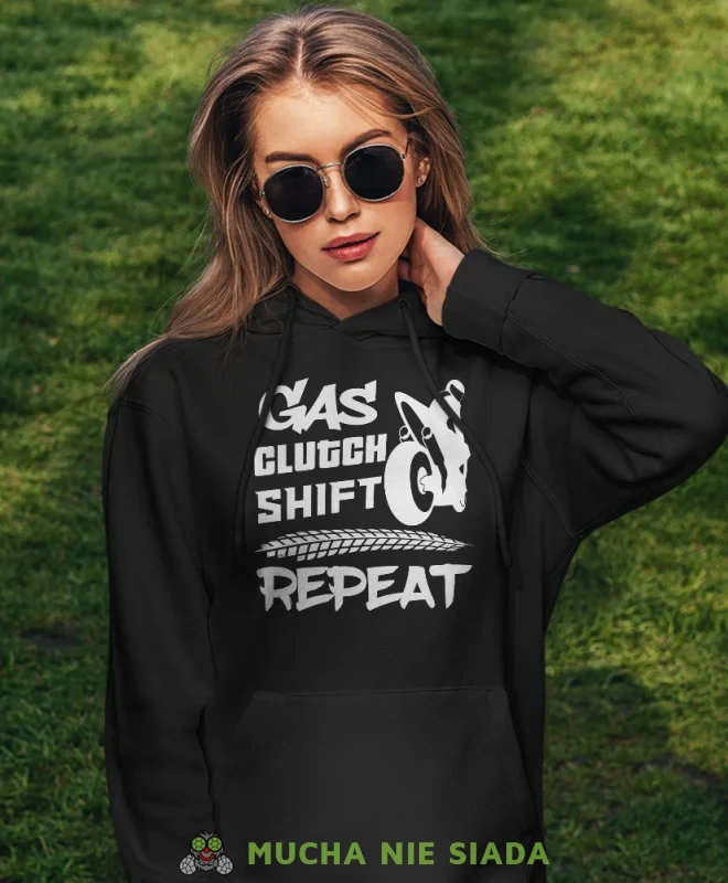 Gas clutch shift repeat Motocykl, czarna damska bluza z kapturem, bluza dla motocyklistki, bluzy na motocykl, bluza z kapturem na motocykl, damska bluza na motocykl, na prezent dla miłośniczki motocykli.webp