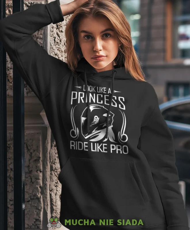 Look like a princess ride like pro, czarna damska bluza z kapturem, bluza dla motocyklistki, bluzy na motocykl, bluza z kapturem na motocykl, damska bluza na motocykl, na prezent dla miłośniczki motocykli.webp