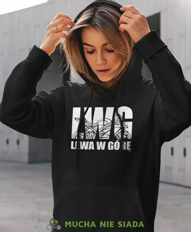 LwG Lewa w górę motocykl, czarna damska bluza z kapturem, bluza dla motocyklistki, bluzy na motocykl, bluza z kapturem na motocykl, damska bluza na motocykl, na prezent dla miłośniczki motocykli.webp