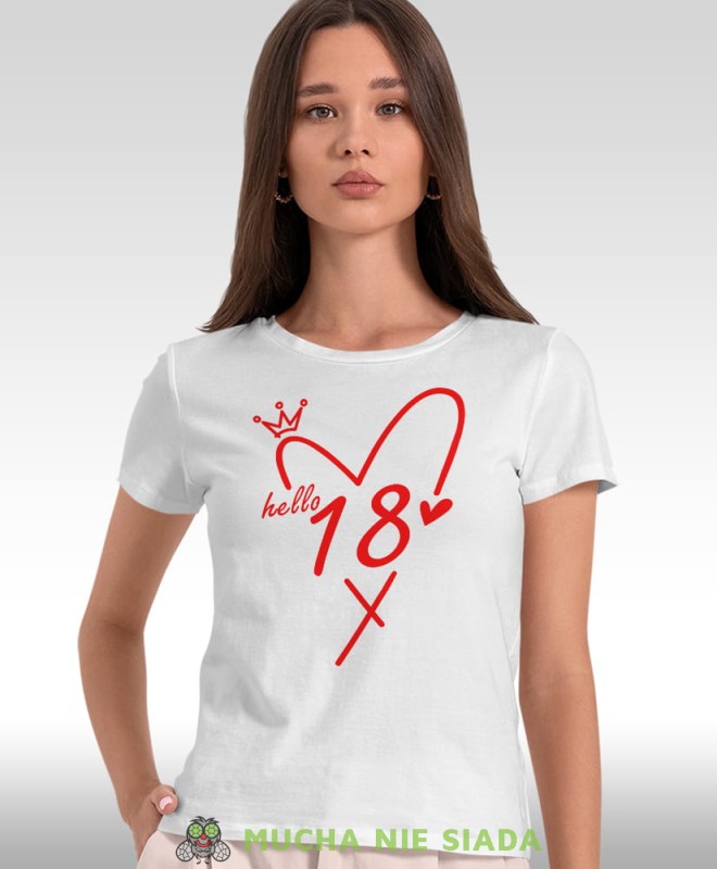 Hello 18 20 30 40 50 60 70 80 lat, biała damska koszulka, koszulka urodzinowa z nadrukiem, kdamska koszulka urodzinowa, koszulka na urodziny, na prezent, dla niej, mucha nie siada, mns.jpg