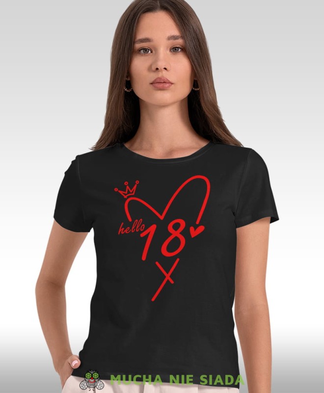 Hello 18 20 30 40 50 60 70 80 lat, czarna damska koszulka, koszulka urodzinowa z nadrukiem, kdamska koszulka urodzinowa, koszulka na urodziny, na prezent, dla niej, mucha nie siada, mns.jpg