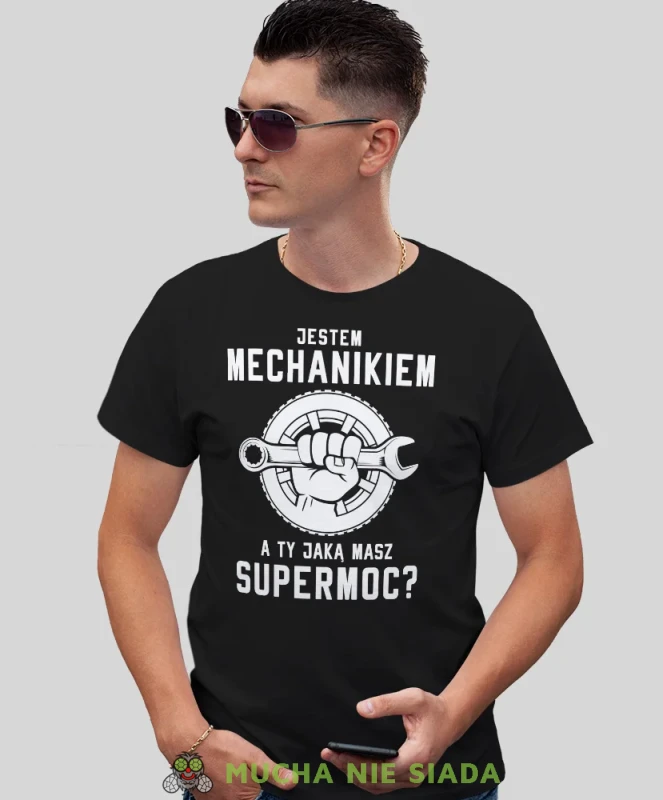 Jestem  mechanikiem a Ty jaką masz supermoc, czarna męska koszulka, prezent dla mechanika, koszulka z nadrukiem dla mechanika, koszulka dla mechanika, koszulki dla mechanika, mucha niesiada, mns.webp