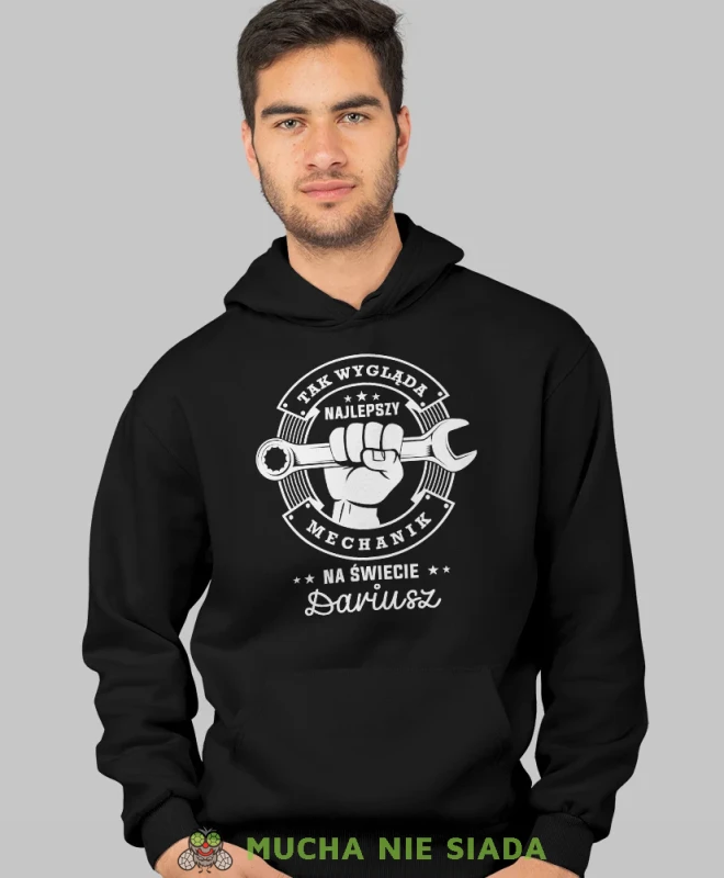 Tak wygląda najlepszy mechanik na świecie, czarna bluza z kapturem, prezent dla mechanika, bluza z kapturem dla mechanika, bluza dla mechanika, bluzy dla mechaników, męska bluza z nadrukiem, mucha niesiad.webp