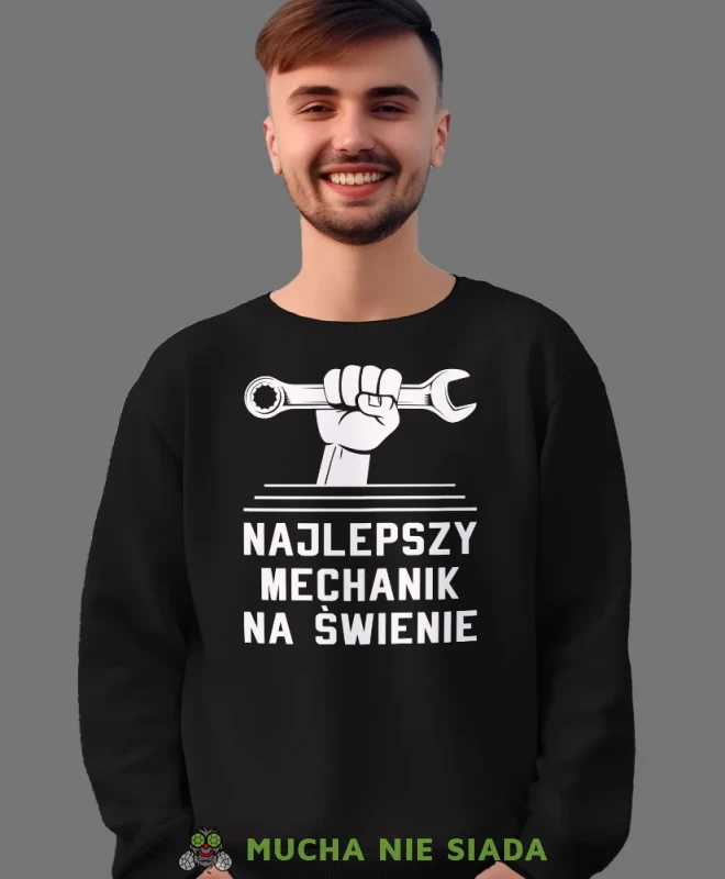 Najlepszy mechanik na świecie klucz, czarna bluza bez kaptura, prezent dla mechanika, bluza bez kaptura dla mechanika, bluza dla mechanika, bluzy dla mechaników, męska bluza z nadrukiem, mucha niesiada, mns.webp
