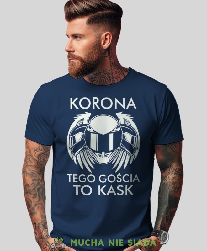 Korona tego gościa to kask, granatowa męska koszulka, koszulka dla motocyklisty, koszulki na motocykl, koszulka na motocykl, męska koszulka na motocykl na prezent dla miłośnika motocykli.jpg