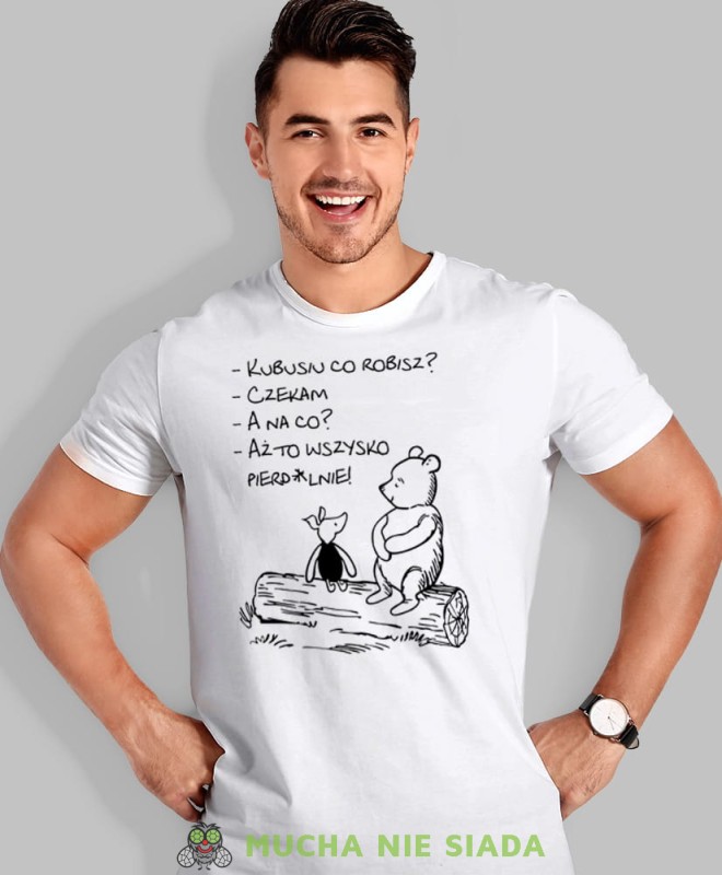 Co robisz, biała męska koszulka z nadrukiem, koszulka na prezent, śmieszna koszulka, koszulka z zabawnym nadrukiem, fajna koszulka, dla chłopaka, dla męża, mucha nie siada, mns.jpg