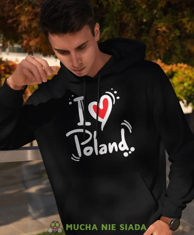 I love Poland, męska bluza z kapturem, bluza patriotyczna, bluzy z grafiką patriotyczną, dla mężczyzny, bluzay patriotyczne, bluza Polska, bluzy patriotyczne z kapturem.webp