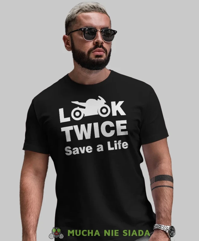 Look twice save a life, czarna męska koszulka, koszulka dla motocyklisty, koszulki na motocykl, koszulka na motocykl, męska koszulka na motocykl na prezent dla miłośni.webp