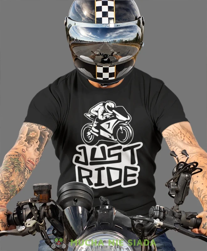 Just ride, czarna męska koszulka, koszulka dla motocyklisty, koszulki na motocykl, koszulka na motocykl, męska koszulka na motocykl na prezent dla miłośnika motocykli.webp