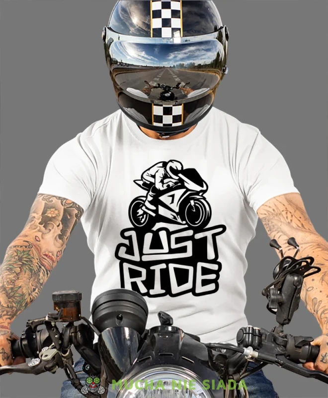 Just ride, biała męska koszulka, koszulka dla motocyklisty, koszulki na motocykl, koszulka na motocykl, męska koszulka na motocykl na prezent dla miłośnika motocykli.webp