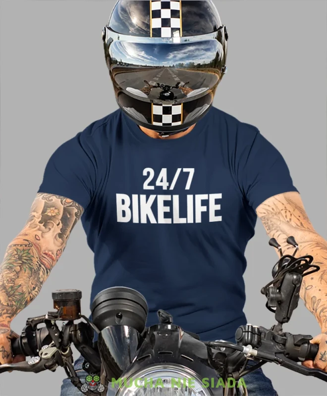 Bikelife, granatowa męska koszulka, koszulka dla motocyklisty, koszulki na motocykl, koszulka na motocykl, męska koszulka na motocykl na prezent dla miłośnika motocykl.webp