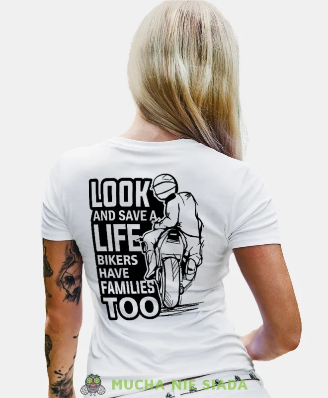 Look and save a life, biała damska koszulka, koszulka motocyklowa, dla motocyklistki, koszulka na motocykl, dla miłośniczki motocykli, mucha nie siada.webp