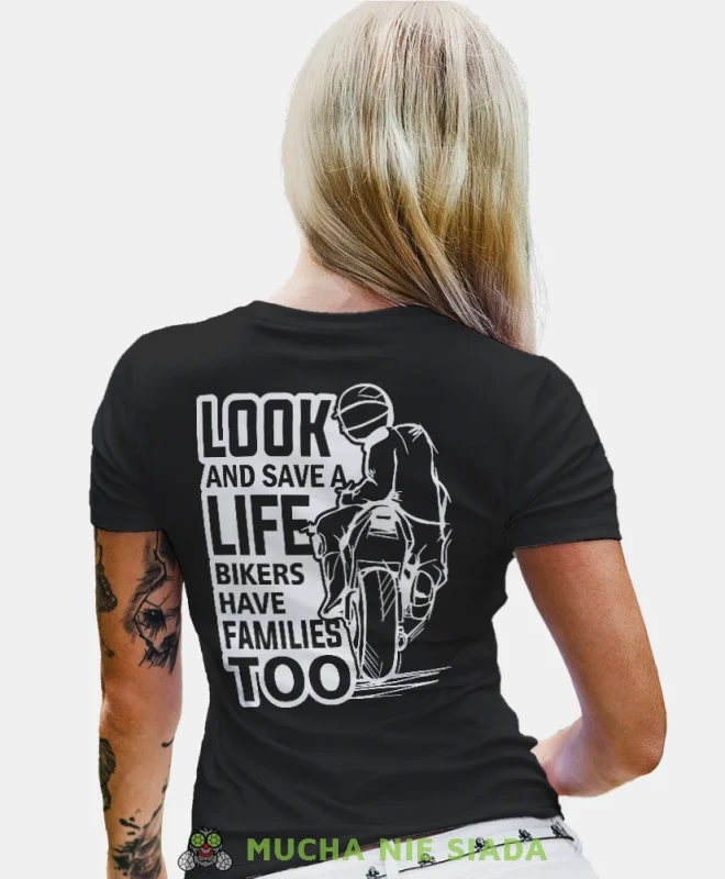 Look and save a life, czarna damska koszulka, koszulka motocyklowa, dla motocyklistki, koszulka na motocykl, dla miłośniczki motocykli, mucha nie siada.webp