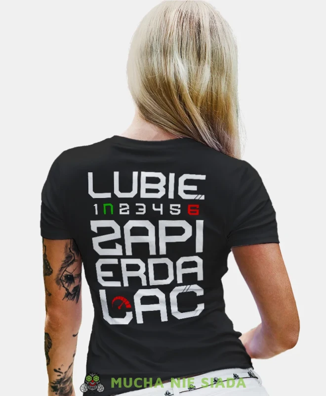 Lubię zapier moto, czarna damska koszulka, koszulka motocyklowa, dla motocyklistki, koszulka na motocykl, dla miłośniczki motocykli, mucha nie siada.webp