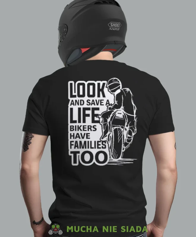 Look and save a life, czarna męska koszulka, koszulka dla motocyklisty, koszulki na motocykl, koszulka na motocykl, męska koszulka na motocykl na prezent dla miłośnika.webp