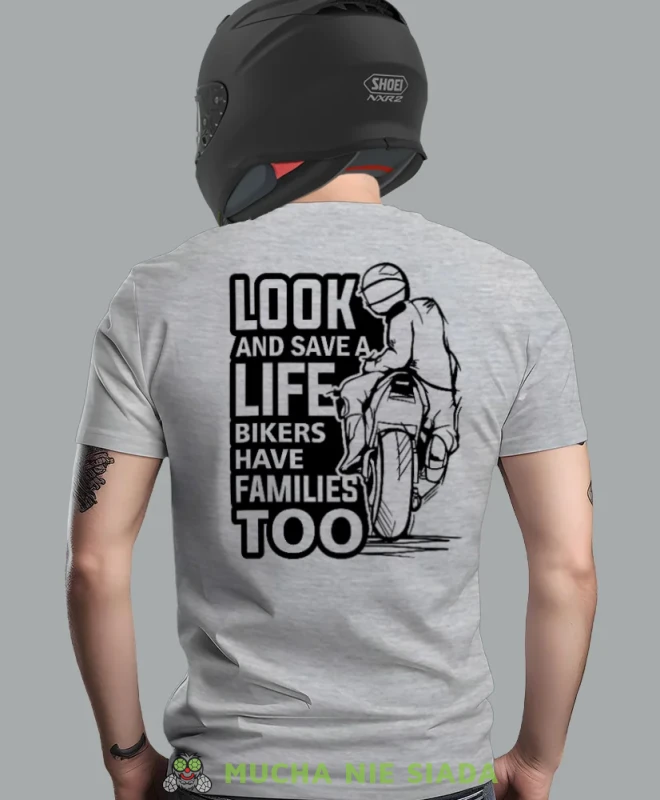 Look and save a life, szara męska koszulka, koszulka dla motocyklisty, koszulki na motocykl, koszulka na motocykl, męska koszulka na motocykl na prezent dla miłośnika .webp