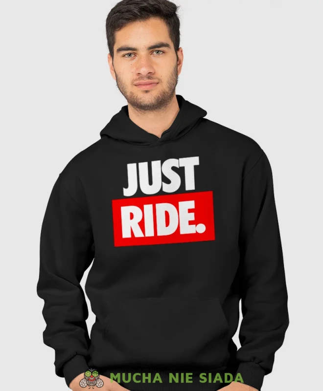 Just Ride, czarna bluza z kapturem, bluza dla motocyklisty, bluzy na motocykl, bluza z kapturem na motocykl, męska bluza na motocykl, dla miłośnika motocykli, mucha nie s.webp