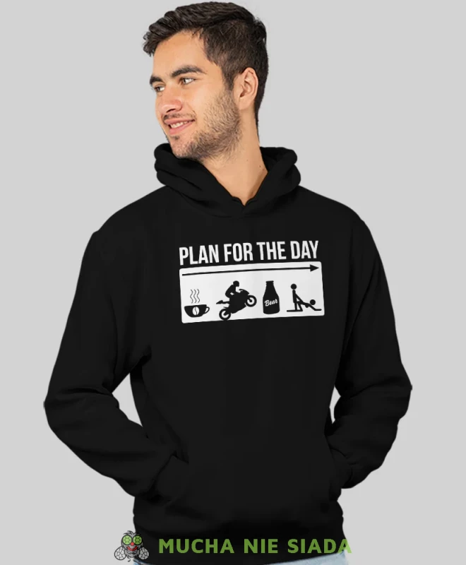 Plan for the day, czarna bluza z kapturem, bluza dla motocyklisty, bluzy na motocykl, bluza z kapturem na motocykl, męska bluza na motocykl, dla miłośnika motocykli, much.webp
