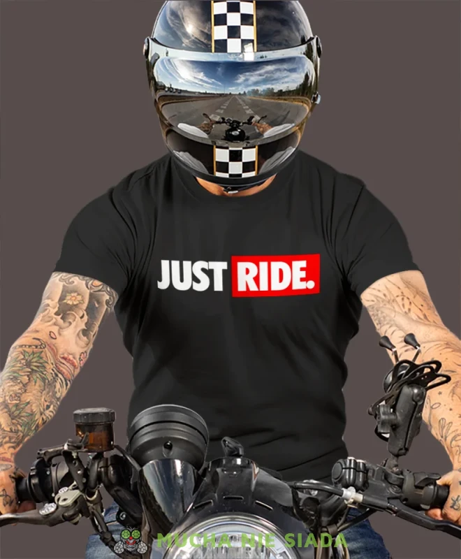 Just Ride małe logo, czarna męska koszulka, koszulka dla motocyklisty, koszulki na motocykl, koszulka na motocykl, męska koszulka na motocykl na prezent dla miłośnika .webp