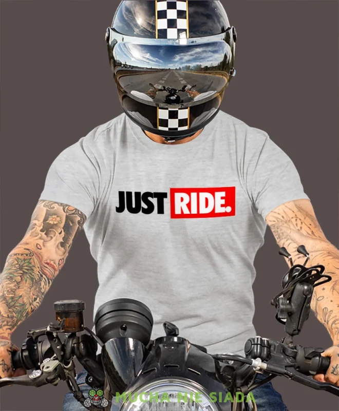 Just Ride małe logo, szara męska koszulka, koszulka dla motocyklisty, koszulki na motocykl, koszulka na motocykl, męska koszulka na motocykl na prezent dla miłośnika motocykli.webp
