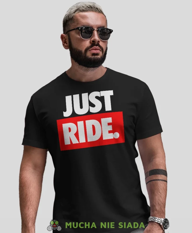 Just Ride duże logo, czarna męska koszulka, koszulka dla motocyklisty, koszulki na motocykl, koszulka na motocykl, męska koszulka na prezent dla miłośnika motocykli.webp