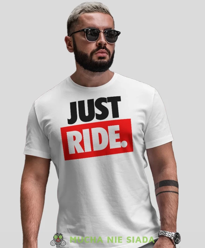 Just Ride duże logo, biała męska koszulka, koszulka dla motocyklisty, koszulki na motocykl, koszulka na motocykl, męska koszulka na prezent dla miłośnika motocykli.webp