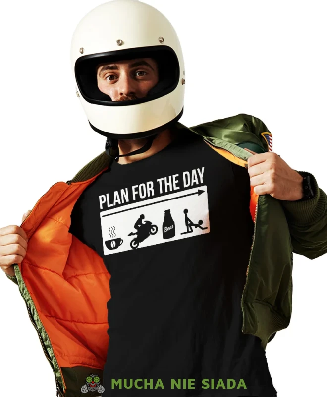 Plan for the day, czarna męska koszulka, koszulka dla motocyklisty, koszulki na motocykl, koszulka na motocykl, męska koszulka na motocykl na prezent dla miłośnika mot.webp