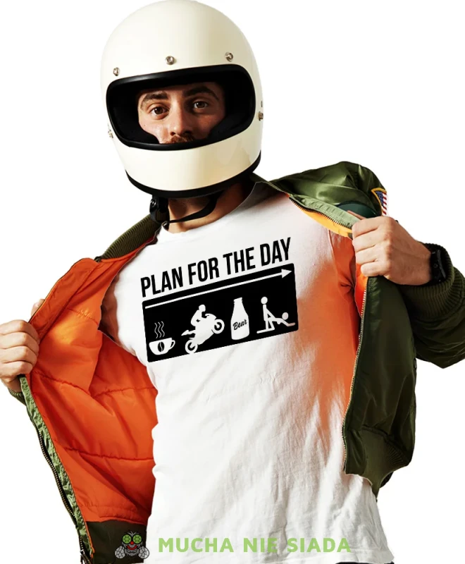 Plan for the day, biała męska koszulka, koszulka dla motocyklisty, koszulki na motocykl, koszulka na motocykl, męska koszulka na motocykl na prezent dla miłośnika moto.webp