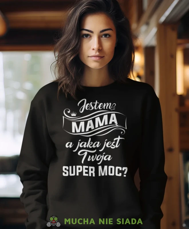 Jestem mamą a jaka jest Twoja super moc, czarna bluza dla mamy, prezent dla mamy, bluzy na dzień matki, bluzy z hasłem dla mamy, personalizowana bluza dla mamy, oryginalne bluzy na dzień matki, mucha nie siada.webp