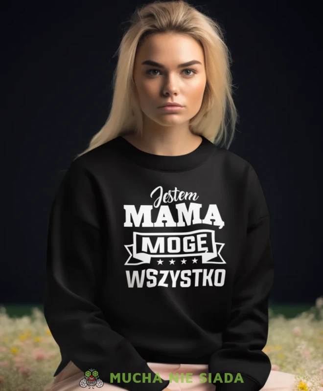 Jestem mamą mogę wszystko, czarna bluza dla mamy, prezent dla mamy, bluzy na dzień matki, bluzy z hasłem dla mamy, personalizowana bluza dla mamy, oryginalne bluzy na dzień matki, mucha nie siada.webp
