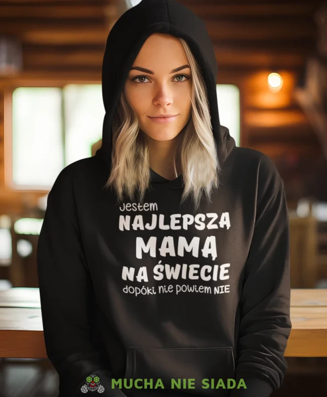 Jestem najlepszą mamą na świecie, czarna bluza z kapturem dla mamy, prezent dla mamy, bluzy na dzień matki, bluzy z kapturem dla mamy, personalizowana bluza dla mamy, oryginalne bluzy na dzień matki, mucha nie sia.webp