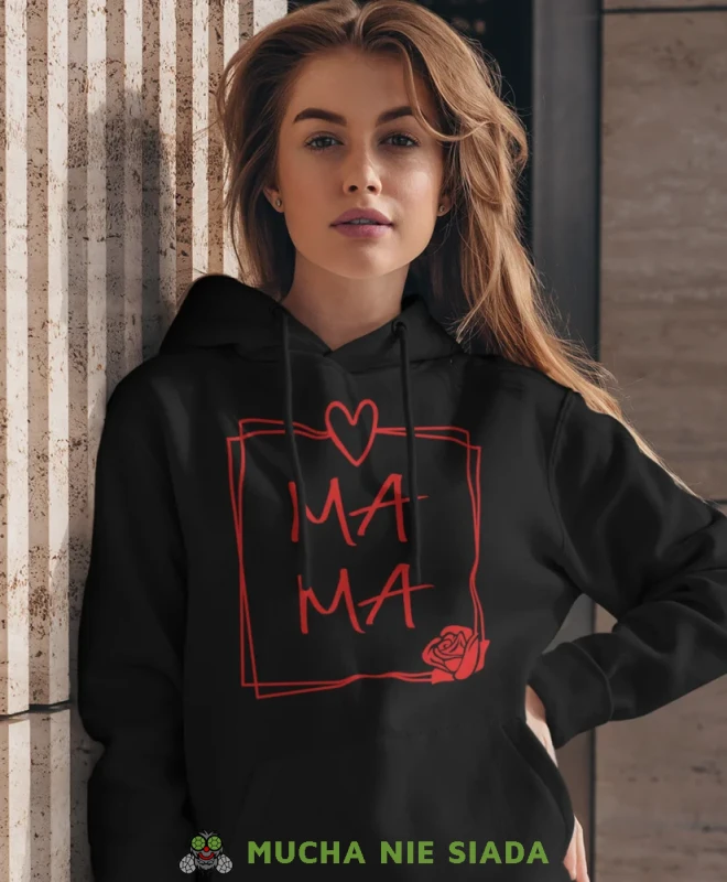 Mama róża, czarna bluza z kapturem dla mamy, prezent dla mamy, bluzy na dzień matki, bluzy z kapturem dla mamy, personalizowana bluza dla mamy, oryginalne bluzy na dzień matki, mucha nie siada.webp