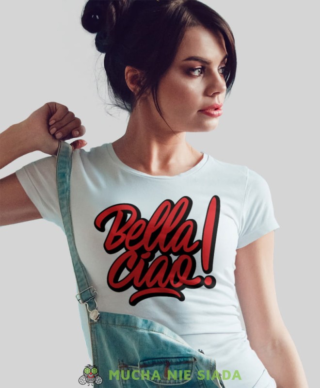 bella ciao dom z papieru, biała damska koszulka z nadrukiem na prezent dla dziewczyny dla żony.jpg