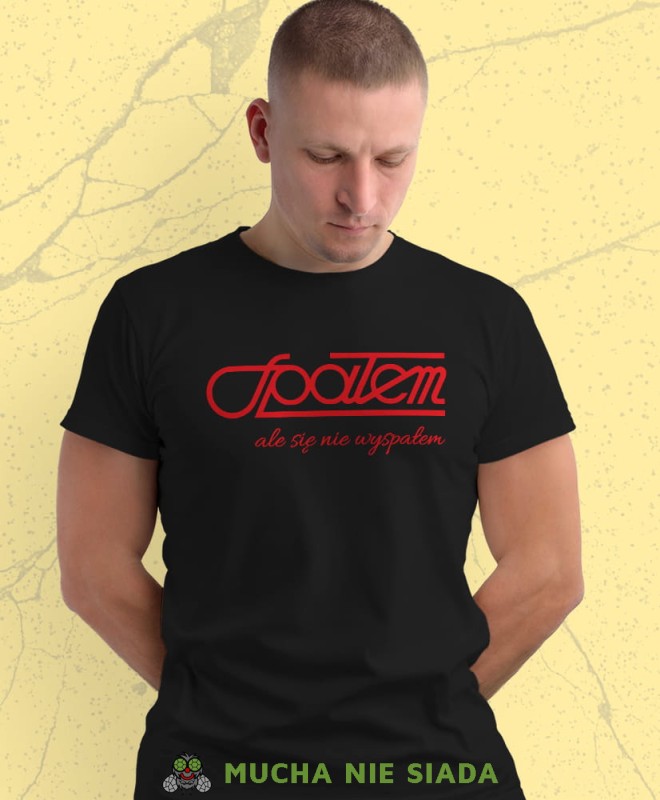 spałem ale się nie wyspałem czarna męska koszulka z nadrukiem na co dzień, na prezent, fajna koszulka.jpg