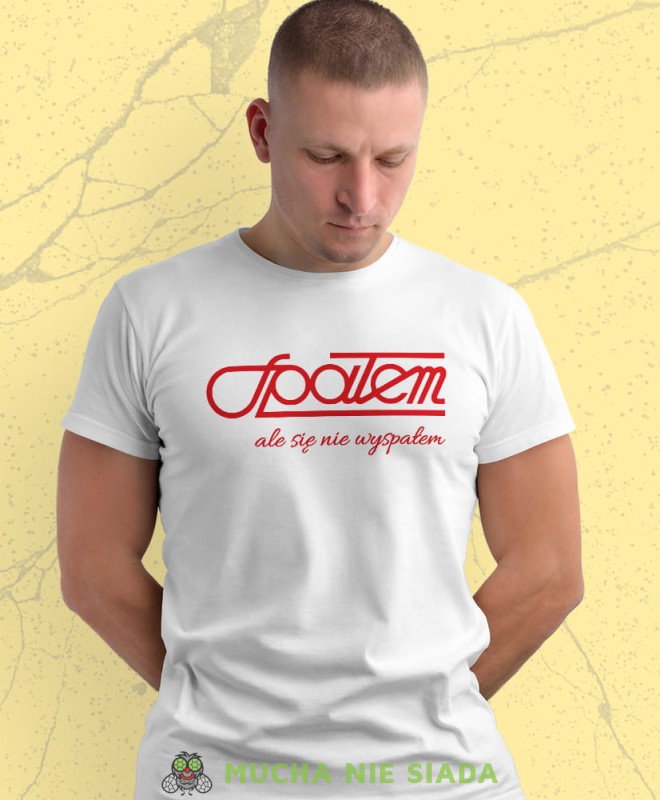 spałem ale się nie wyspałem biała męska koszulka z nadrukiem na co dzień, na prezent, fajna koszulka.jpg