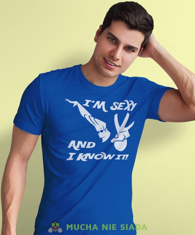 i'm sexy and i know it, niebieska, męska koszulka z nadrukiem, na co dzień, na prezent, fajna koszulka, dla chłopaka.jpg