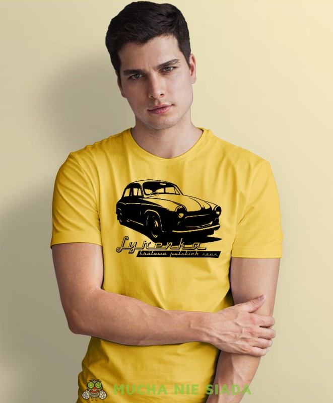 syrenka królowa polskich szos żółta męska koszulka z nadrukiem na co dzień, na prezent, fajna koszulka dla chłopaka.jpg