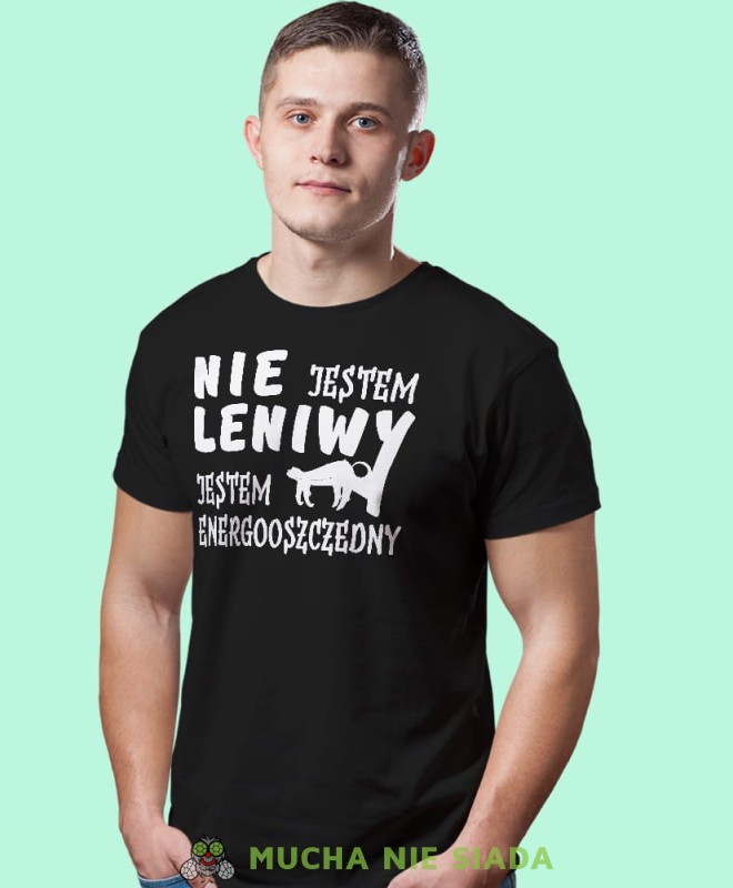 nie jestem leniwy jestem energooszczędny czarna męska koszulka z nadrukiem na co dzień, na prezent, fajna koszulka.jpg