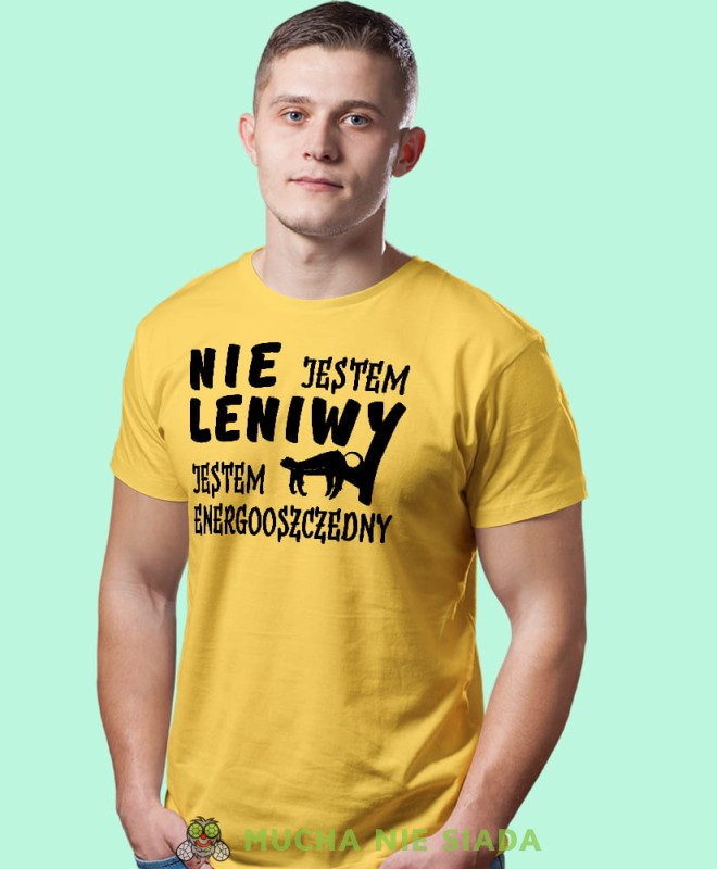 nie jestem leniwy jestem energooszczędny żółta męska koszulka z nadrukiem na co dzień, na prezent, fajna koszulka.jpg