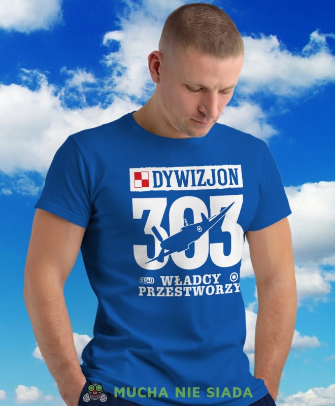 Dywizjon 303 Władcy Przestworzy, niebieska męska koszulka z nadrukiem, koszulka patriotyczna, koszulki z grafiką patriotyczną, dla mężczyzny, dla chłopaka na prezent, koszulka Polska, koszulki Polska.jpg