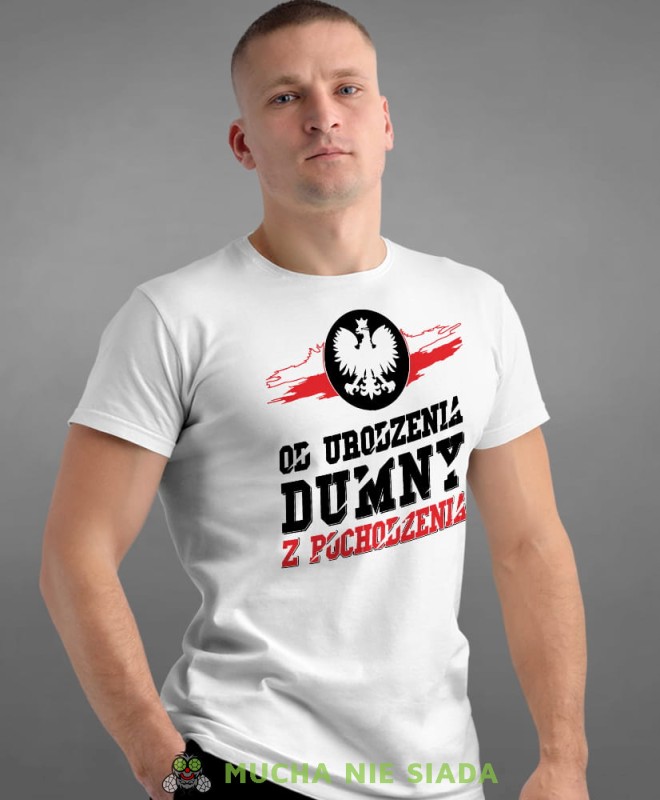 od urodzenia dumny  pochodzenia orzeł, biała męska koszulka z nadrukiem, koszulka patriotyczna, koszulki z grafiką patriotyczną, dla mężczyzny, dla chłopaka na prezent, koszulka Polska, koszulki Polska.jpg